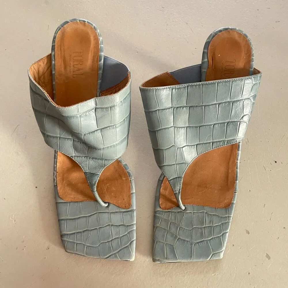 TORAL Animal Print Croc Embossed Leather T Bar Heeled Sandals Blue 40